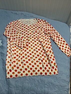 J. Crew Factory White Crewneck Sweater with Red and Orange Dot Fruit Print